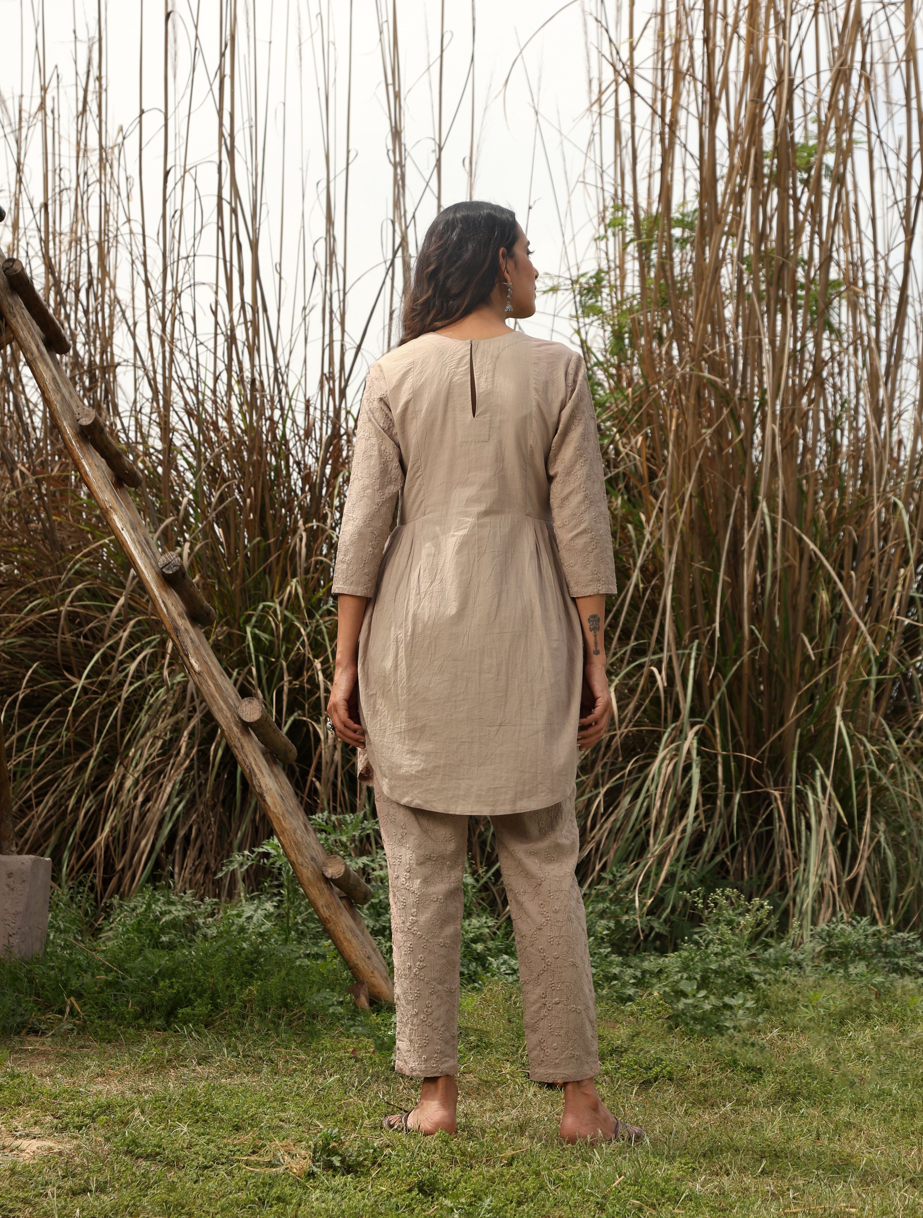 trueBrowns Khaki Cotton Embroidered Co-ord Set | Grocsy