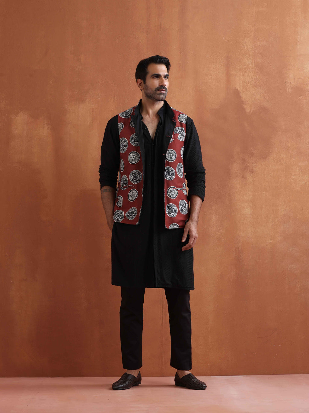 trueBrowns Men's Rust Printed Nehru Jacket | Grocsy