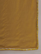 InWeave Women's White Mustard Lurex Leaf Print Patch Gota Kurta Set W Mustard Dupatta | Grocsy