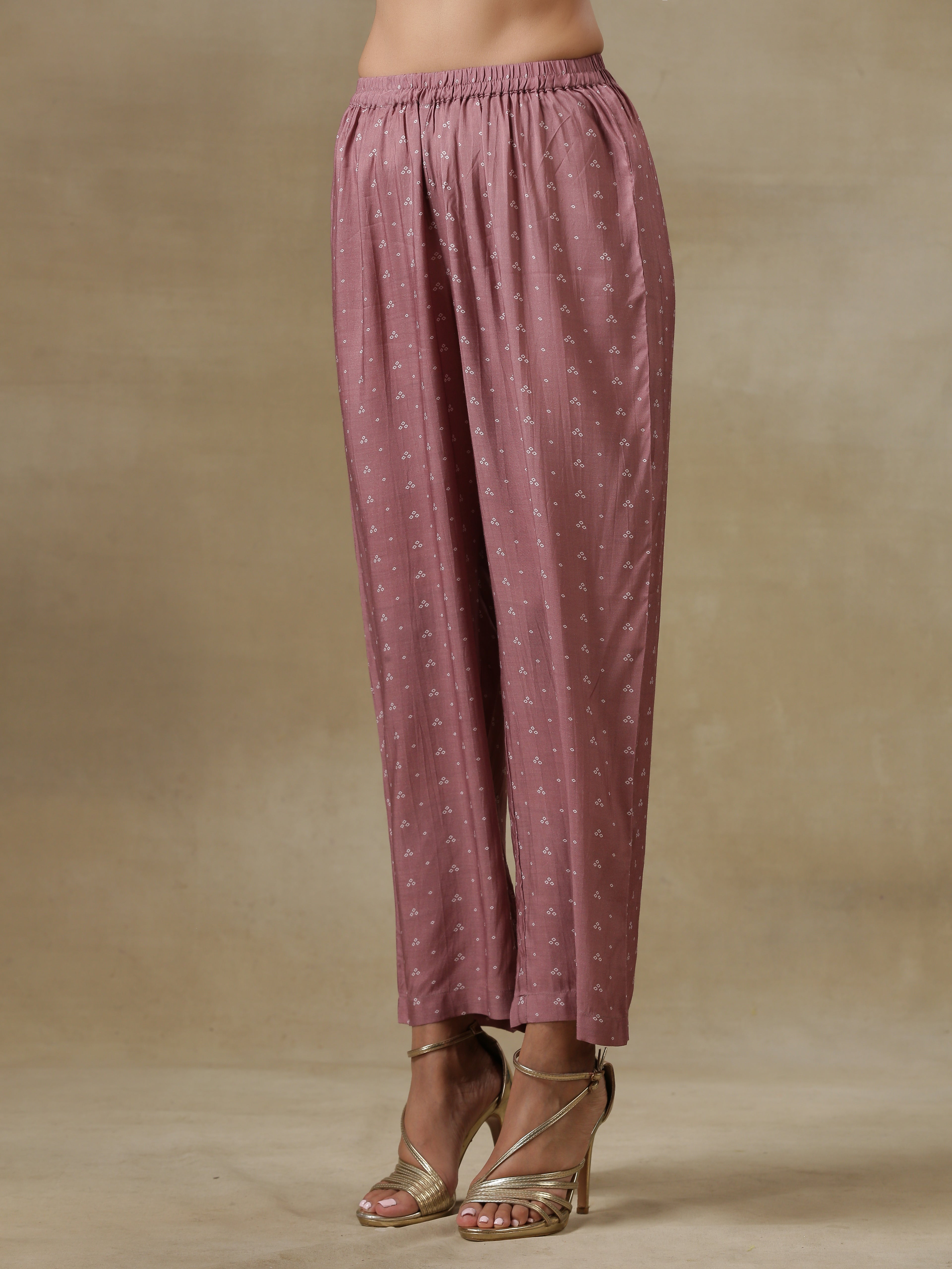 trueBrowns Dark Mauve Bandhani Printed Silk Front Slit Kurta Pant Set | Grocsy