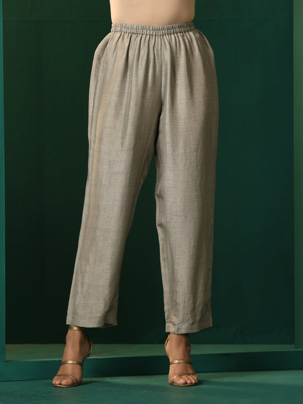 trueBrowns Grey Silk Front Gathered Kurta Pant Set | Grocsy