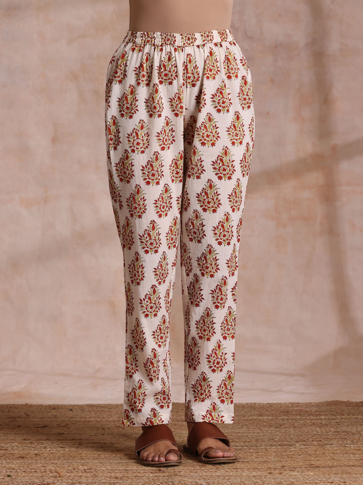 trueBrowns White With Red Yellow Buta Block Print Cotton Kurta Pant Dupatta Set | Grocsy