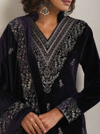 trueBrowns Purple Velvet Embroidered Kurta Pant Dupatta Set | Grocsy