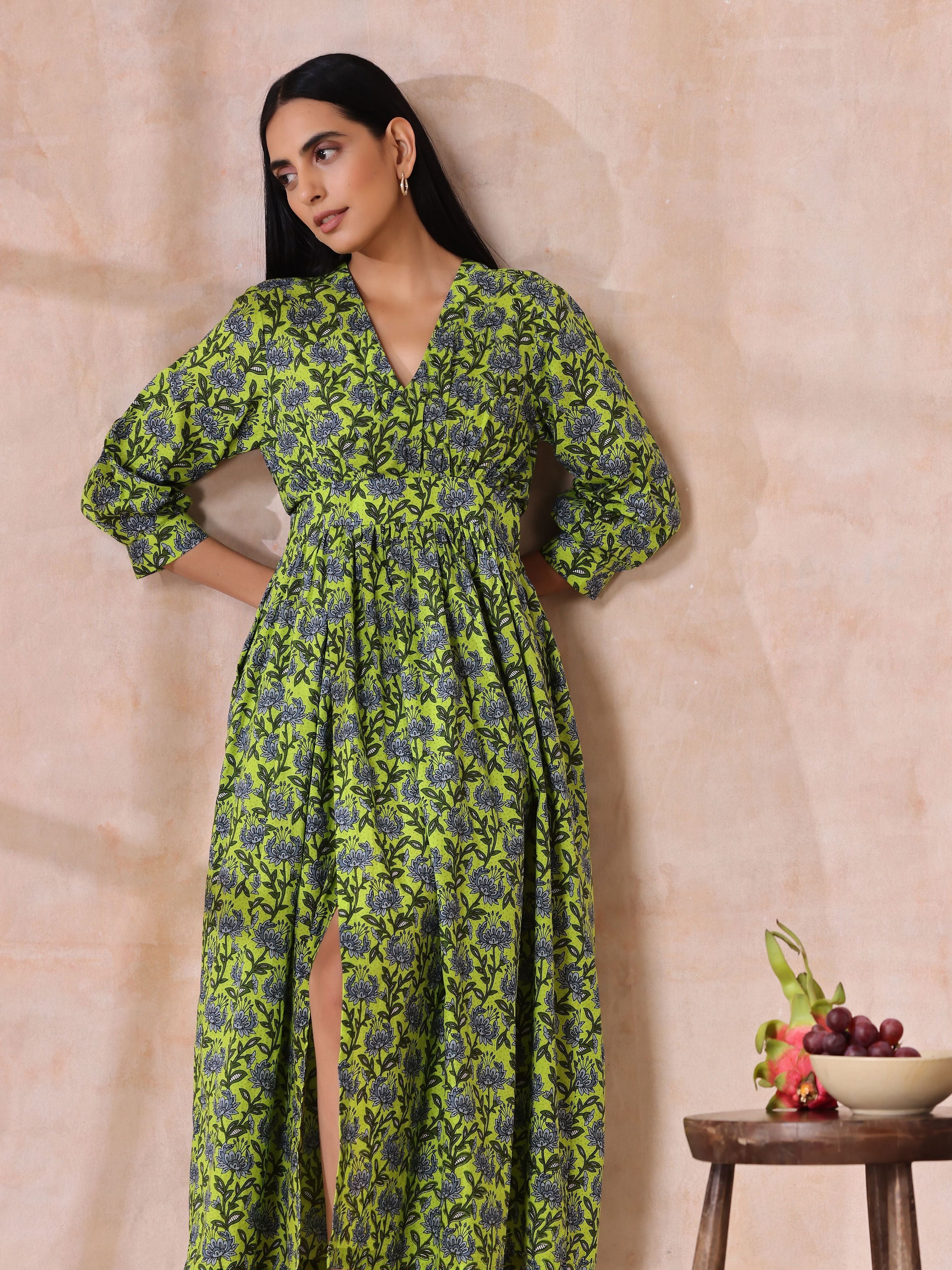 trueBrowns Lime Green Overall Blue Floral Block Print Cotton Wrap Dress | Grocsy