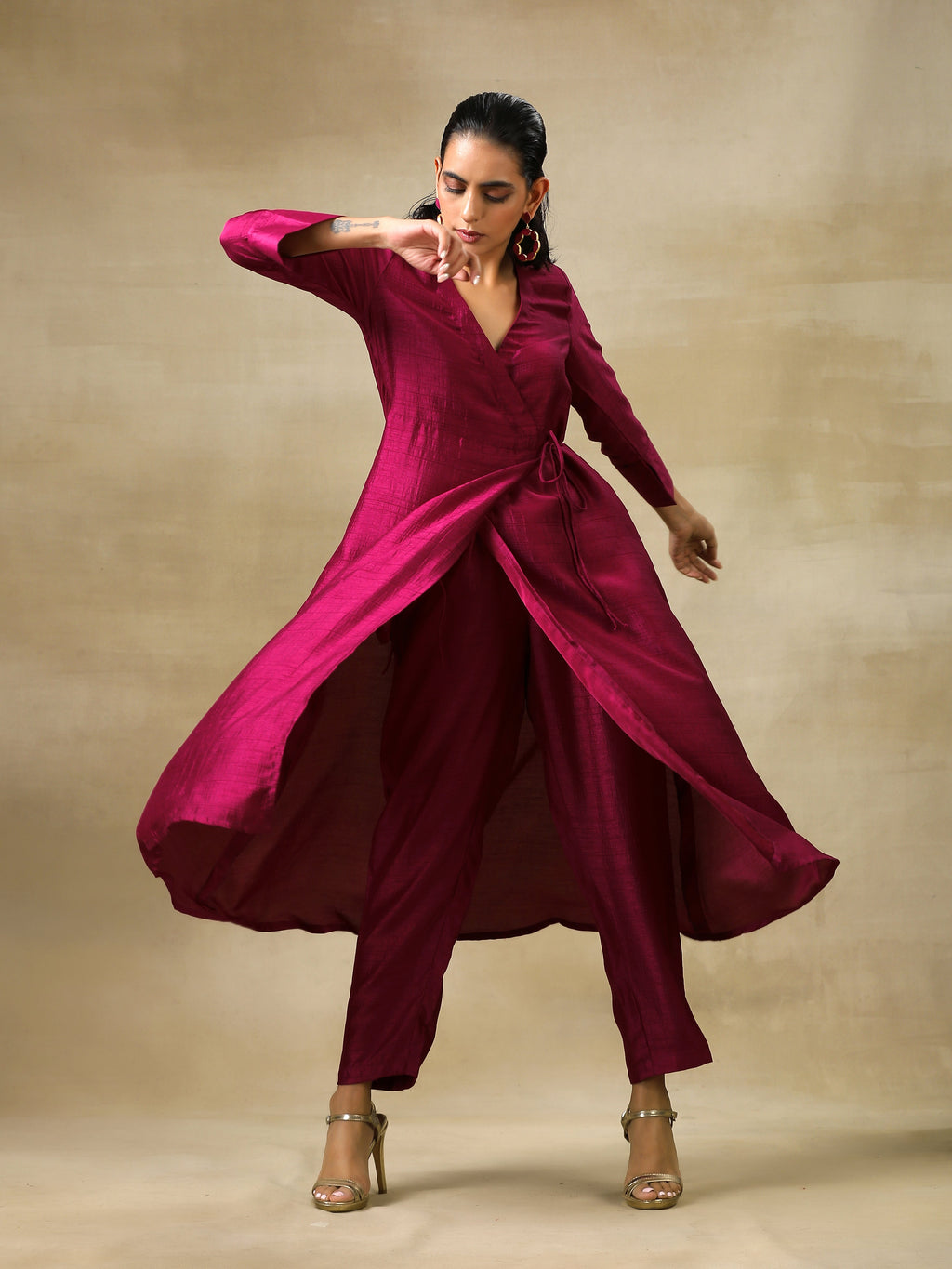 trueBrowns Purple Textured Silk Angrakha Kurta Pant Set | Grocsy