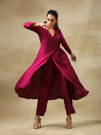 trueBrowns Purple Textured Silk Angrakha Kurta Pant Set | Grocsy