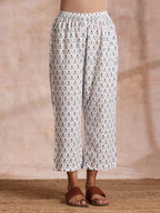 trueBrowns White With Teal Buta Block Print Cotton Front Neck Gathered Kurta Pant Set | Grocsy