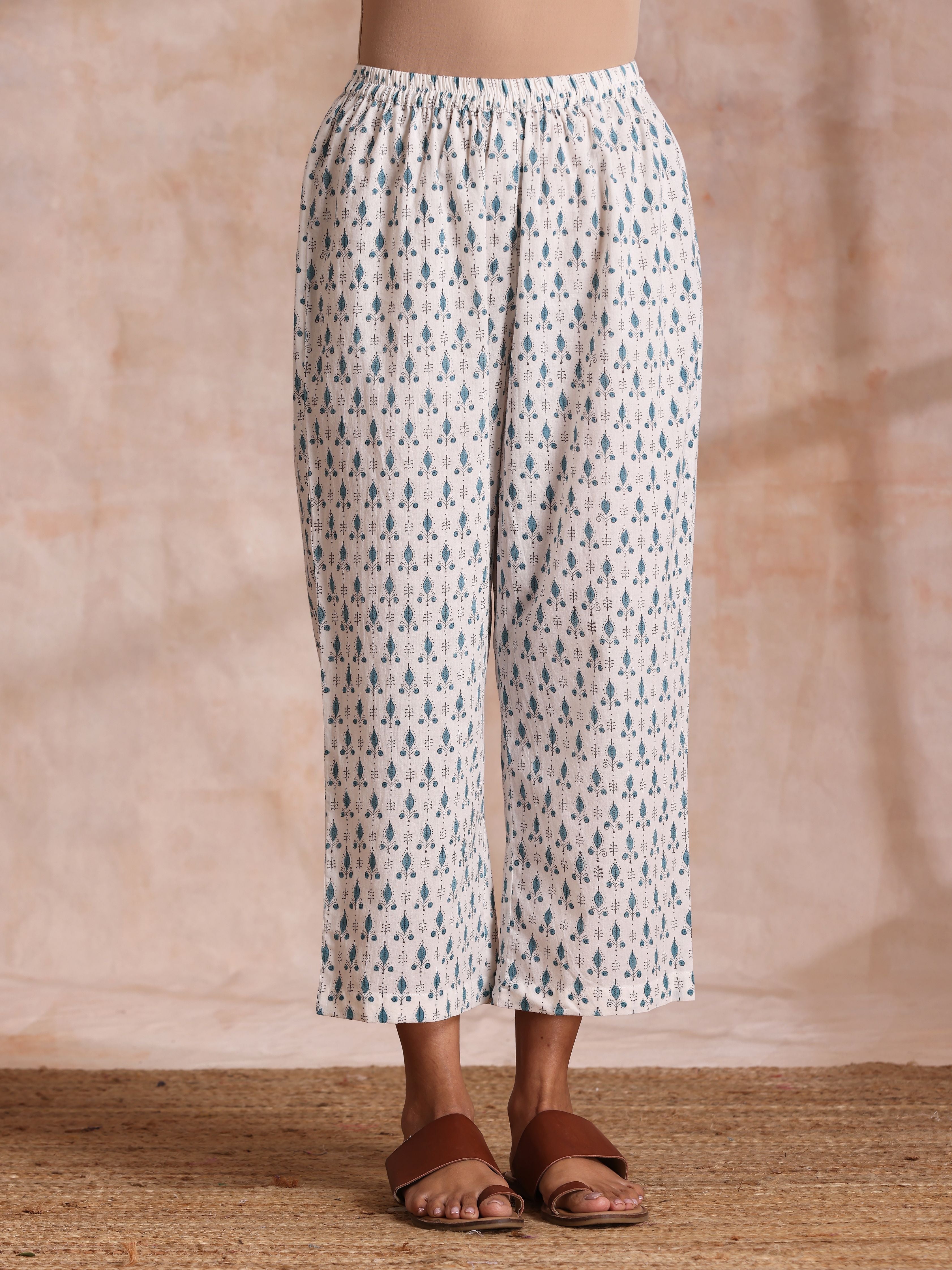 trueBrowns White With Teal Buta Block Print Cotton Front Neck Gathered Kurta Pant Set | Grocsy