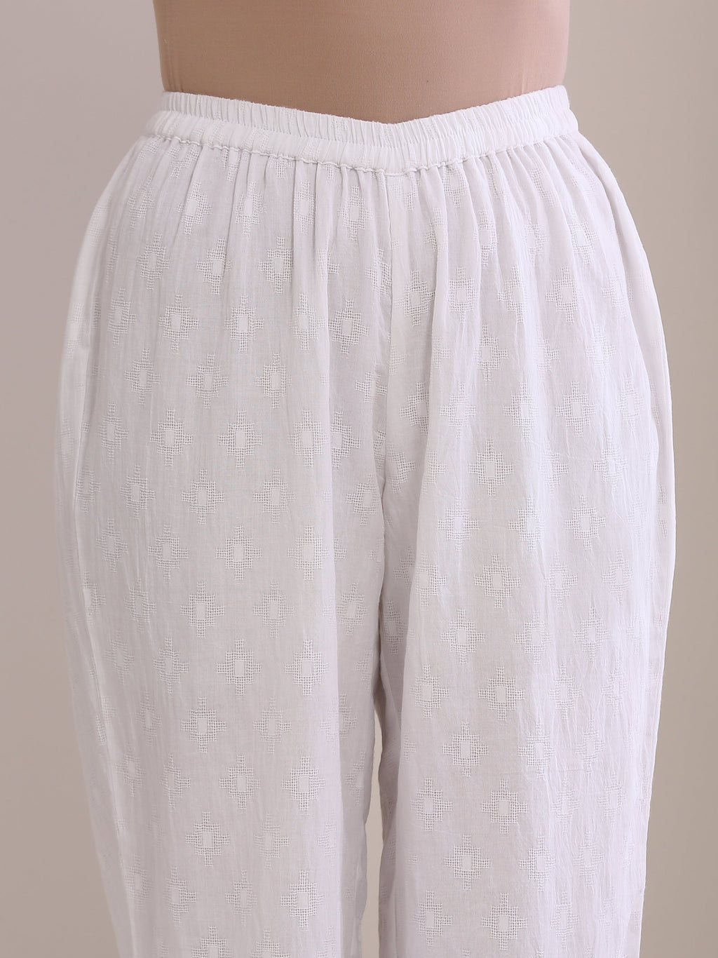 trueBrowns White Dobby High Slit Gathered Kurta Set | Grocsy
