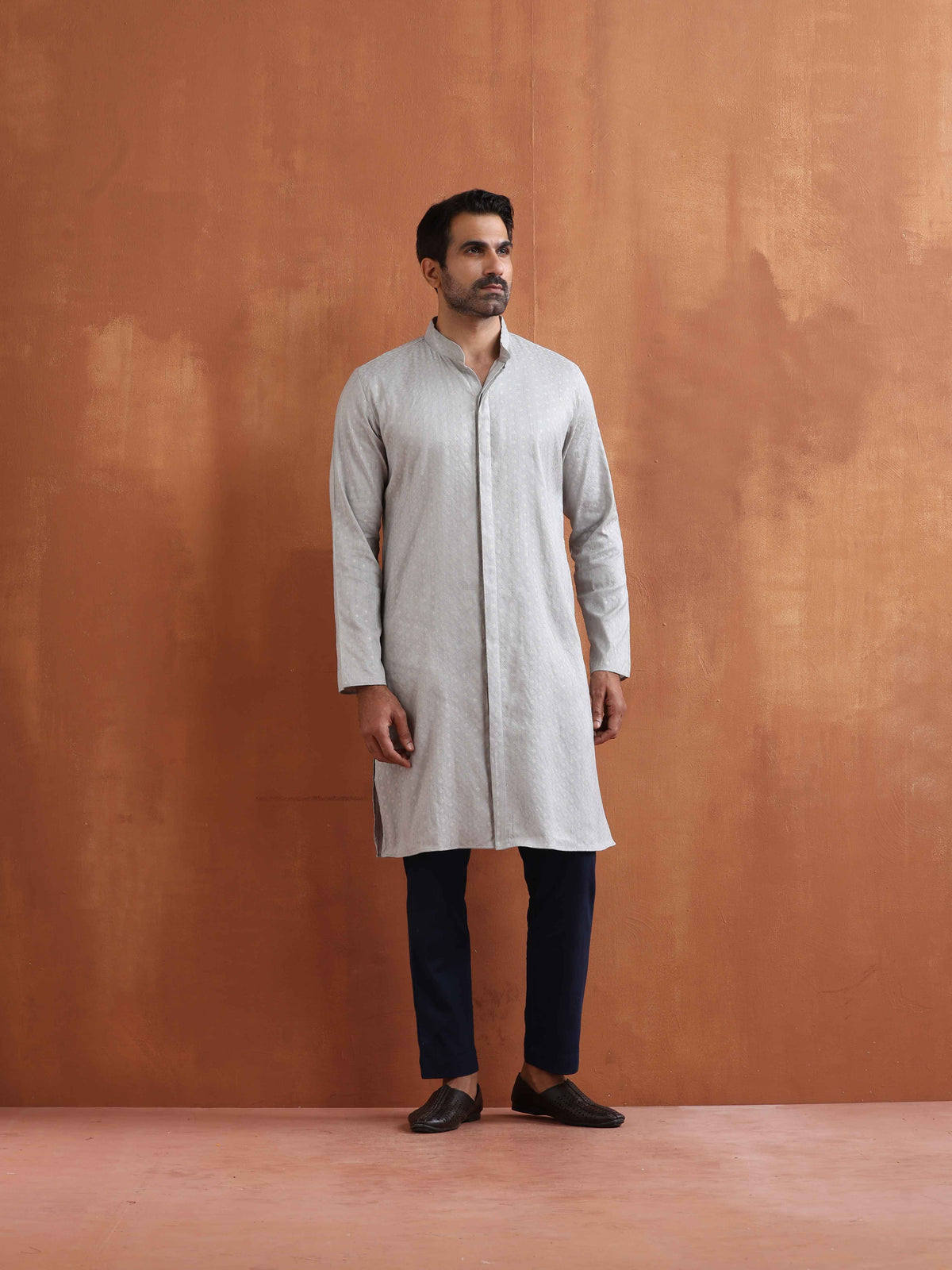 trueBrowns Men's Grey Chanderi Front Open Kurta | Grocsy