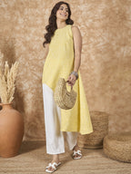 InWeave Light Yellow Side Asymmetric Kurta Set | Grocsy