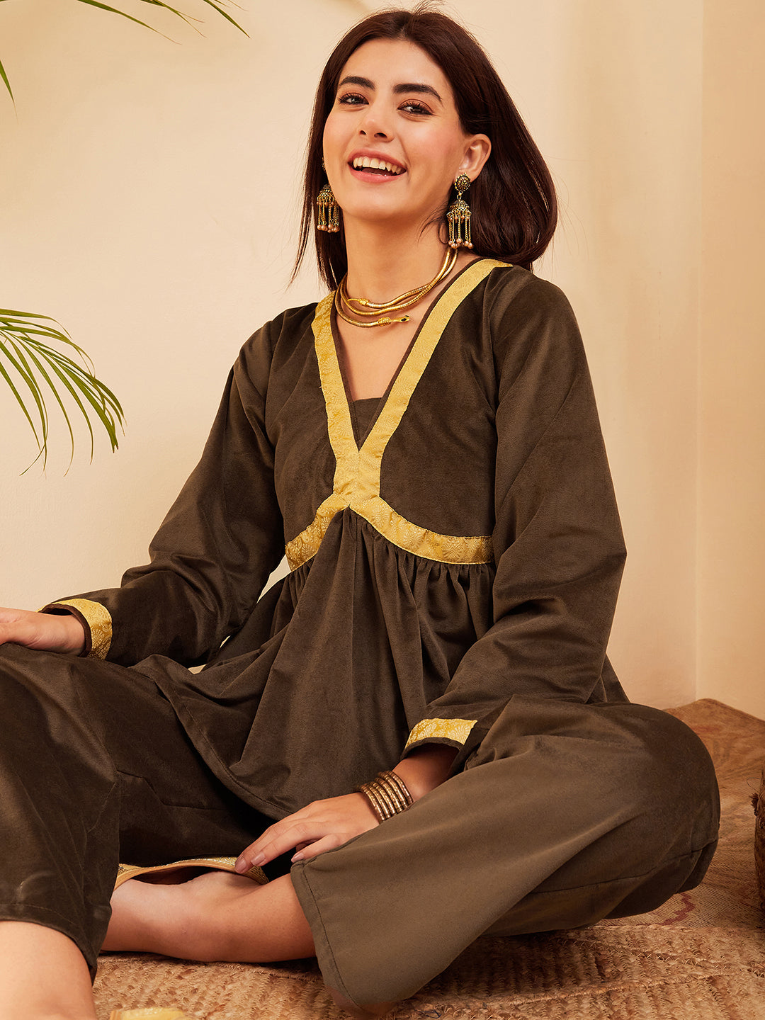 InWeave Women's Brown Mughal Shaan Style Velvet Short Kurta Set | Grocsy