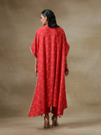 trueBrowns Red Bandhani Printed Silk Panel Kaftan Kurta Pant Set | Grocsy