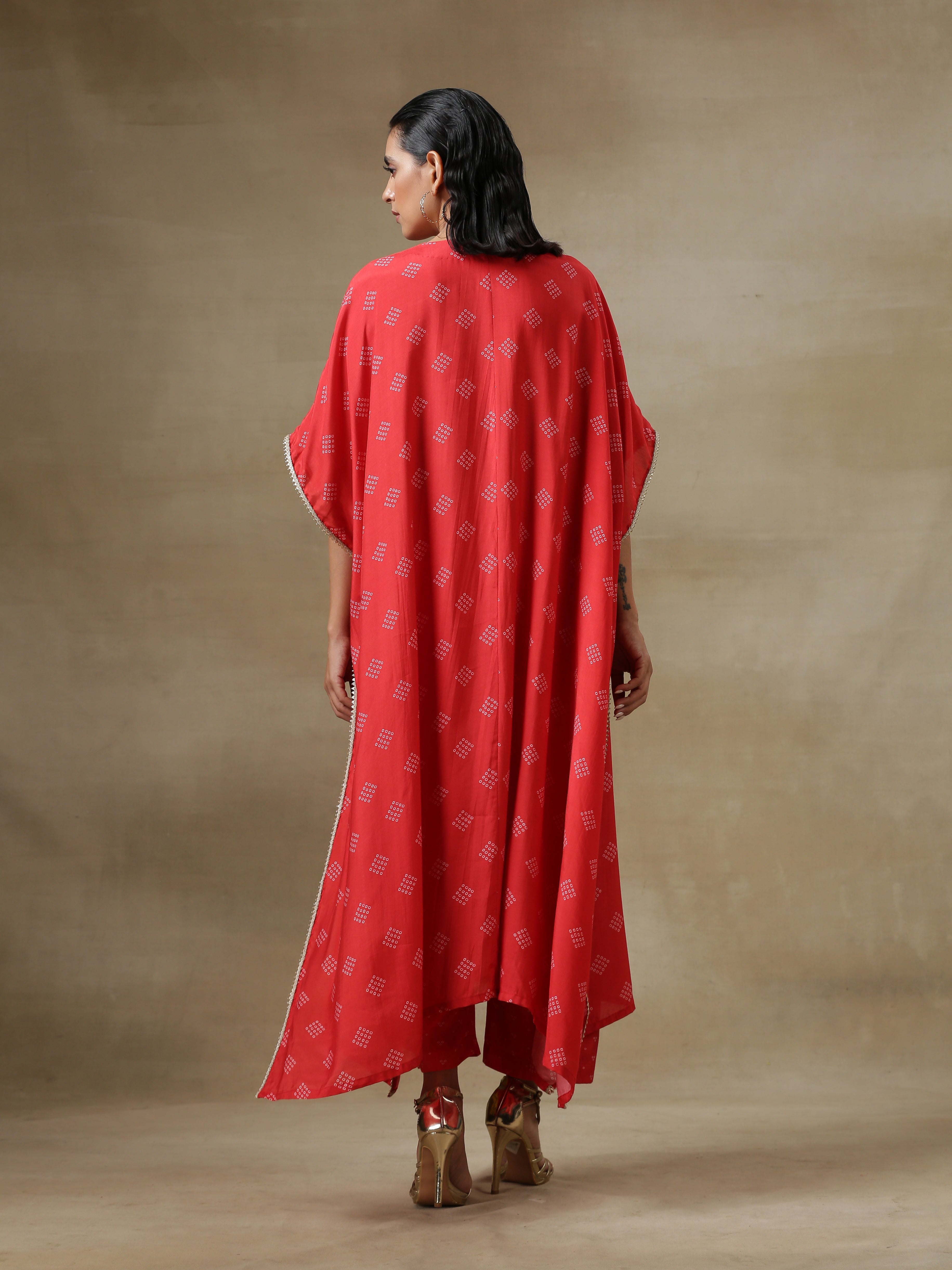 trueBrowns Red Bandhani Printed Silk Panel Kaftan Kurta Pant Set | Grocsy