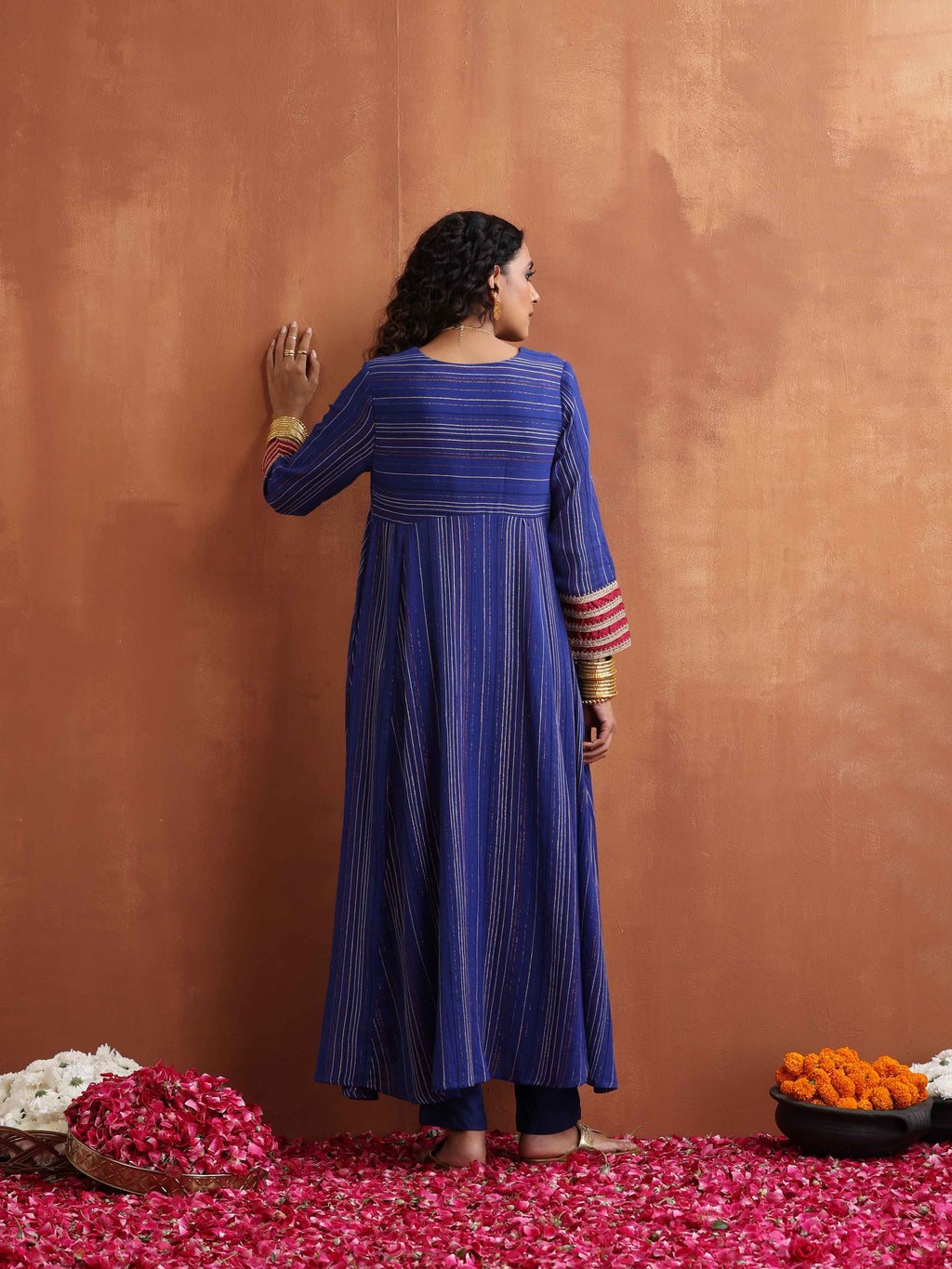 trueBrowns Blue Stripe Flared Anarkali Kurta Set | Grocsy
