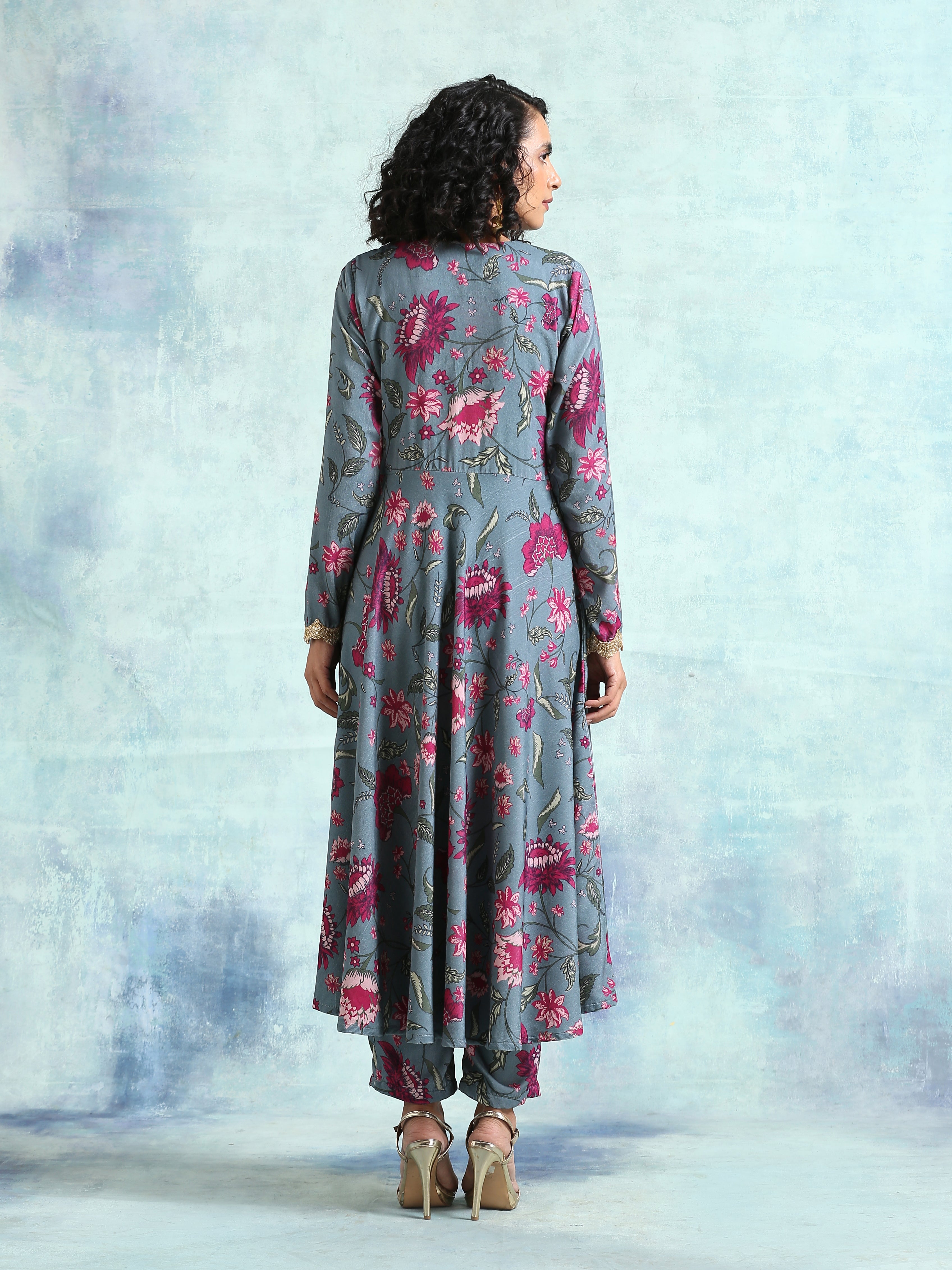 trueBrowns Grey Printed Velvet Anarkali Kurta | Grocsy