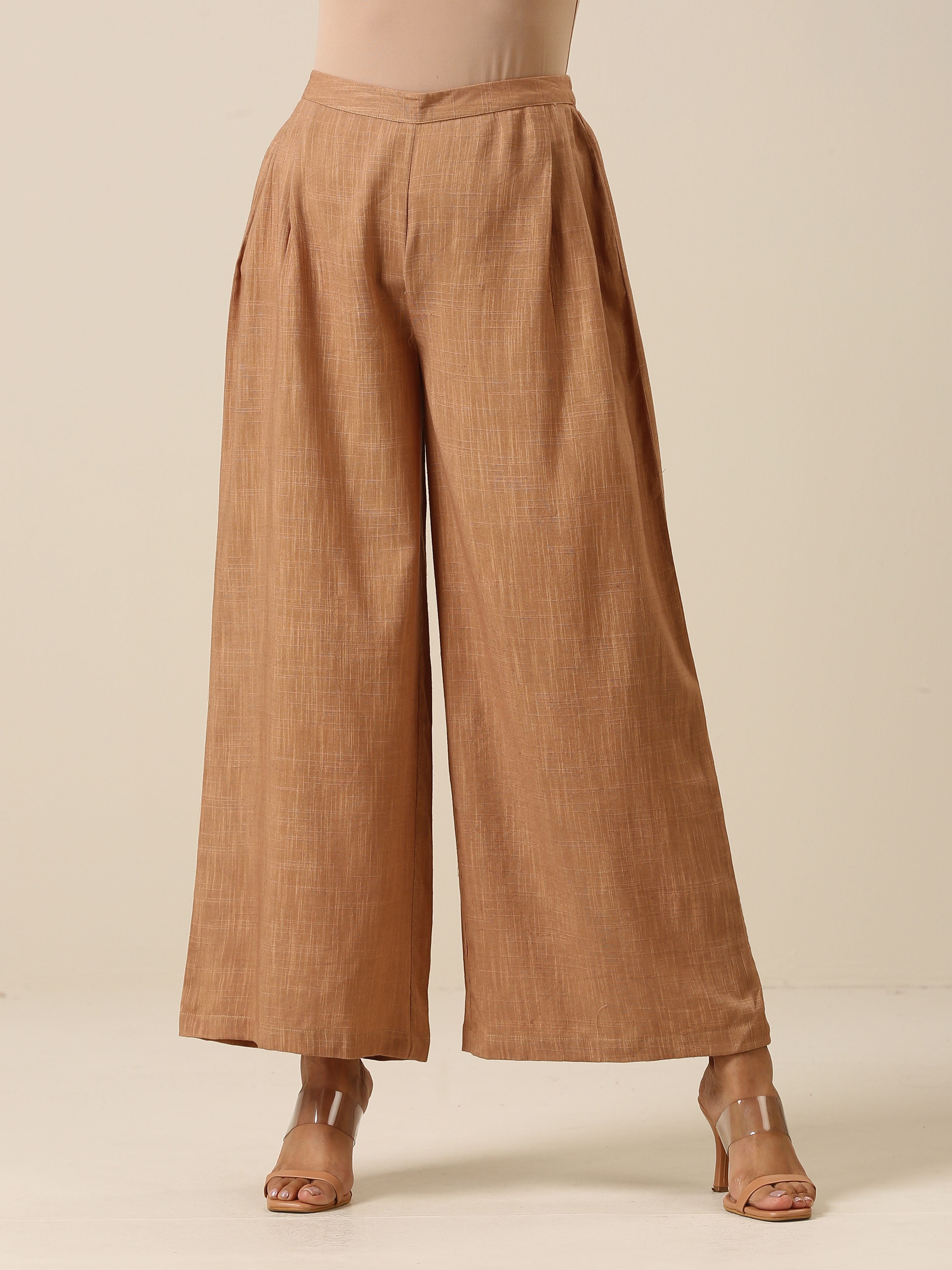 trueBrowns Beige Slub Texture Sleevesless Jacket Pant Set | Grocsy