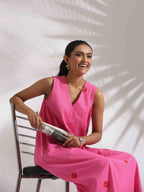 trueBrowns Pink Cotton Embroidered Flared Dress | Grocsy