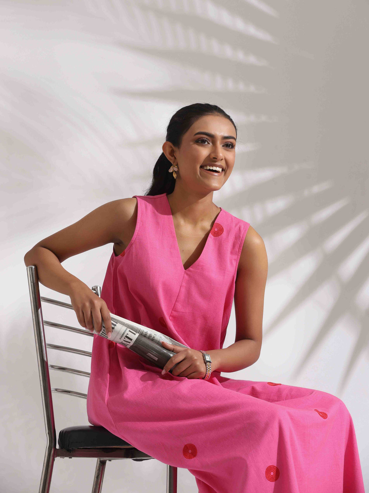 trueBrowns Pink Cotton Embroidered Flared Dress | Grocsy