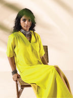 trueBrowns Lime Cotton Front Slit Dress | Grocsy