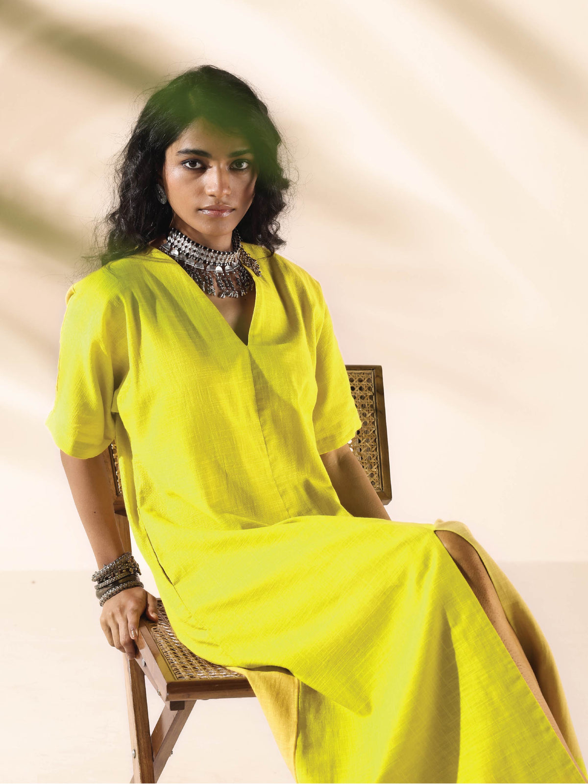 trueBrowns Lime Cotton Front Slit Dress | Grocsy