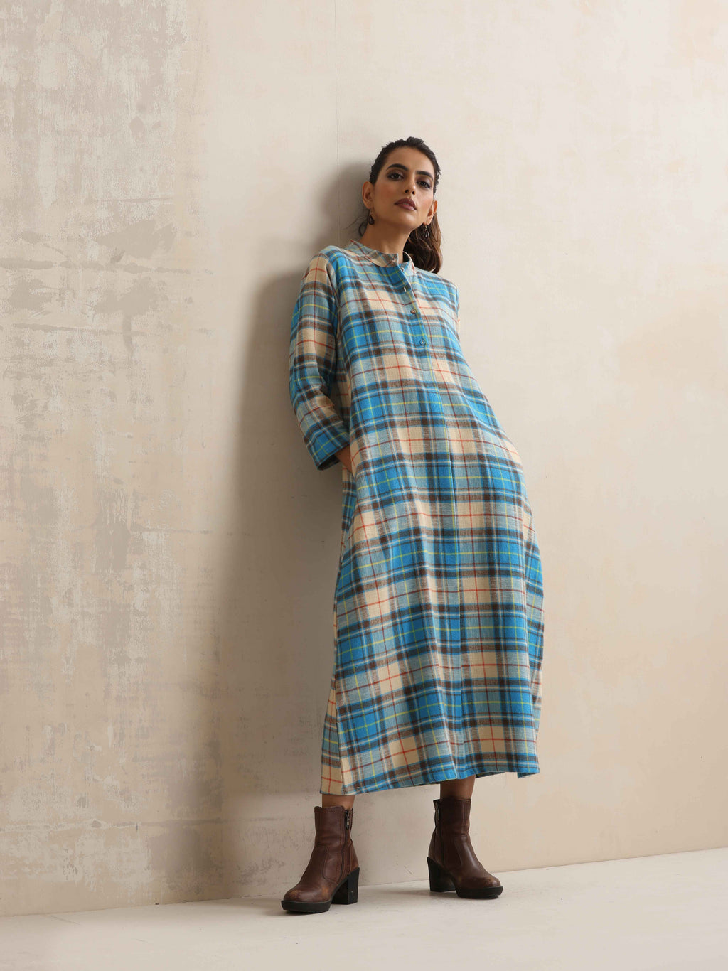 trueBrowns Beige Check Flared Winter Dress | Grocsy
