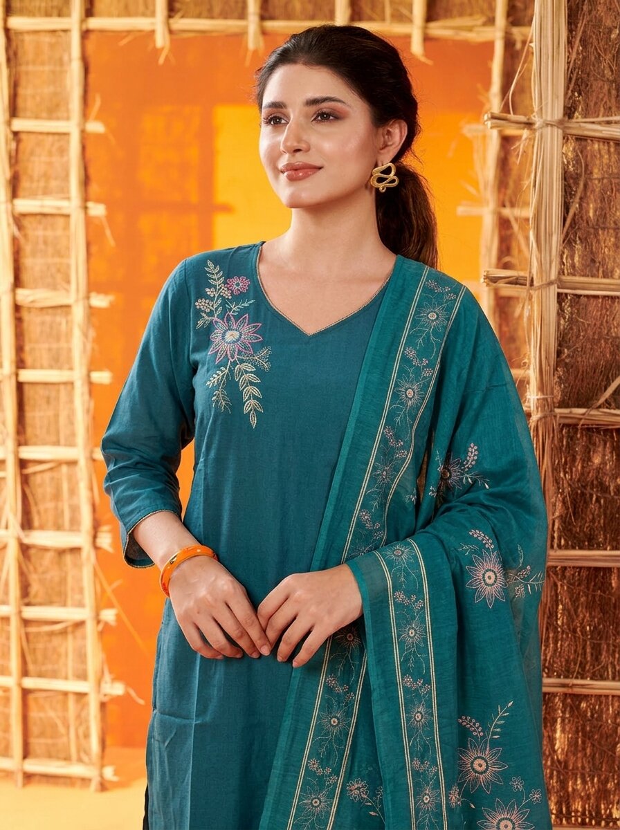 Anaita Teal Readymade Suit with Embroidery Work | Grocsy