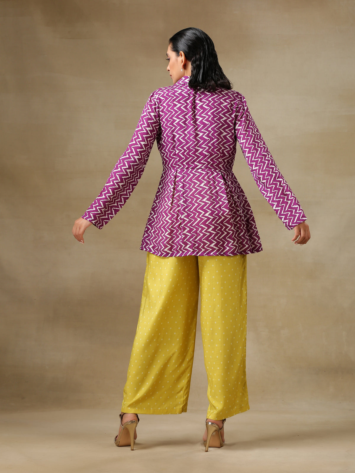 trueBrowns Lime Green Bandhani Printed Silk Top Pant with Purple Printed Jacket Set | Grocsy