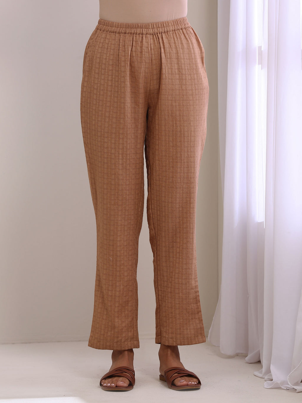 trueBrowns Beige Dobby Boxy Fit High-Low Co-Ord Set | Grocsy