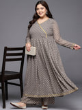 Ahalyaa Plus Size Floral Printed Zari Angrakha Kurta with Palazzos | Grocsy