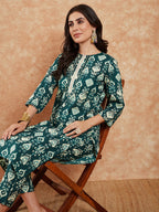 InWeave Women's Peacock Blue Ikkat Print Gota Work Straight Kurta Pant Set | Grocsy