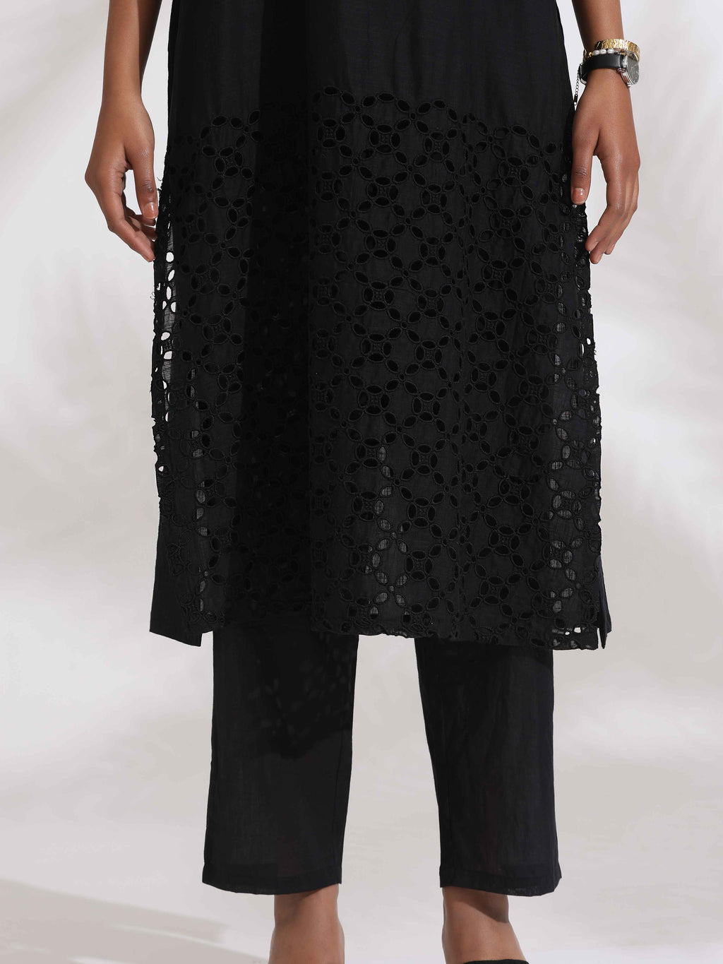 trueBrowns Black Cotton Schiffli Kurta Set | Grocsy