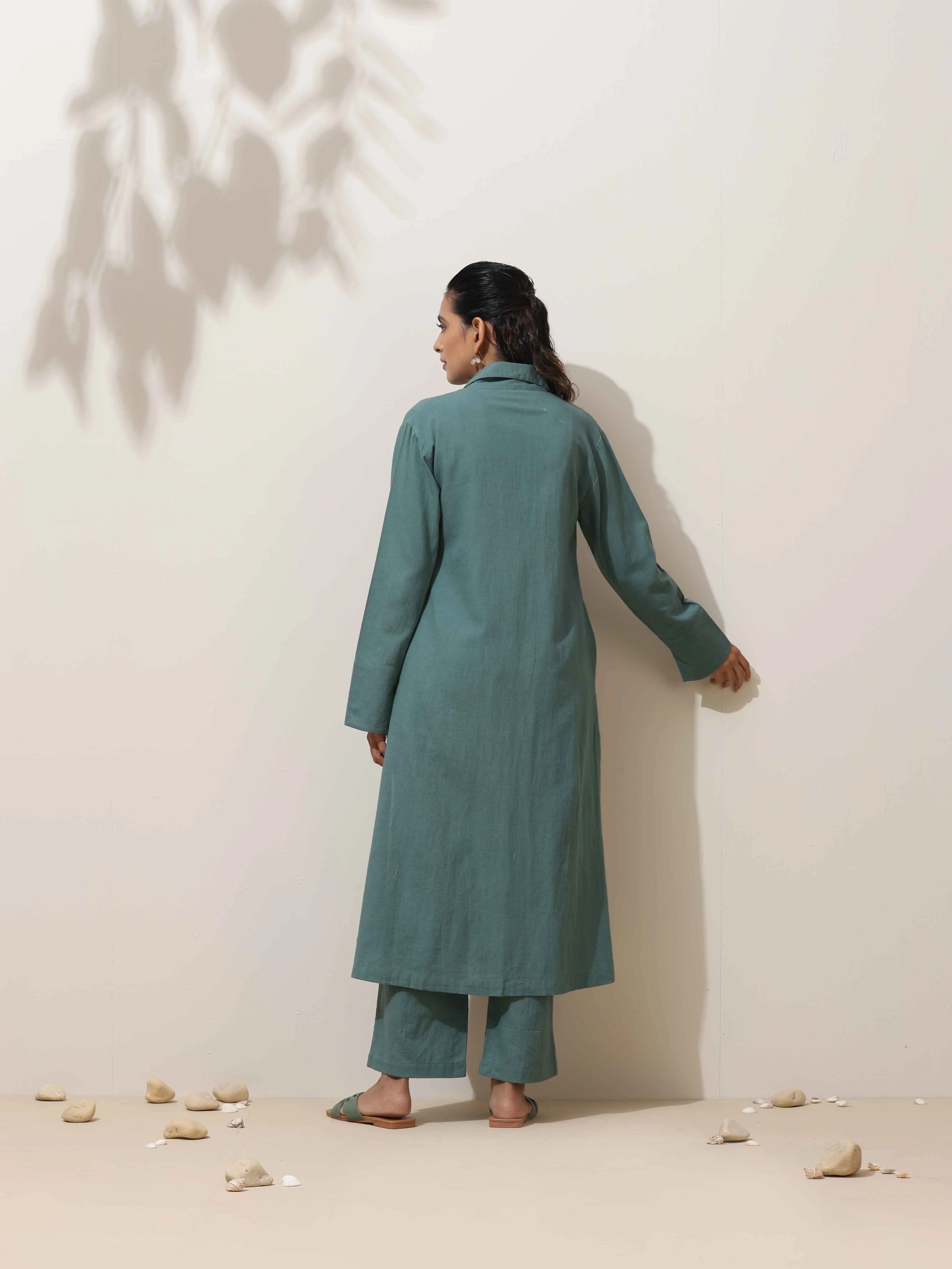 trueBrowns Green Cotton Linen Kurta Pant Set | Grocsy