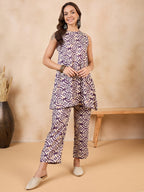 InWeave Purple White Moroccan Print Round Neck Kurta Set | Grocsy