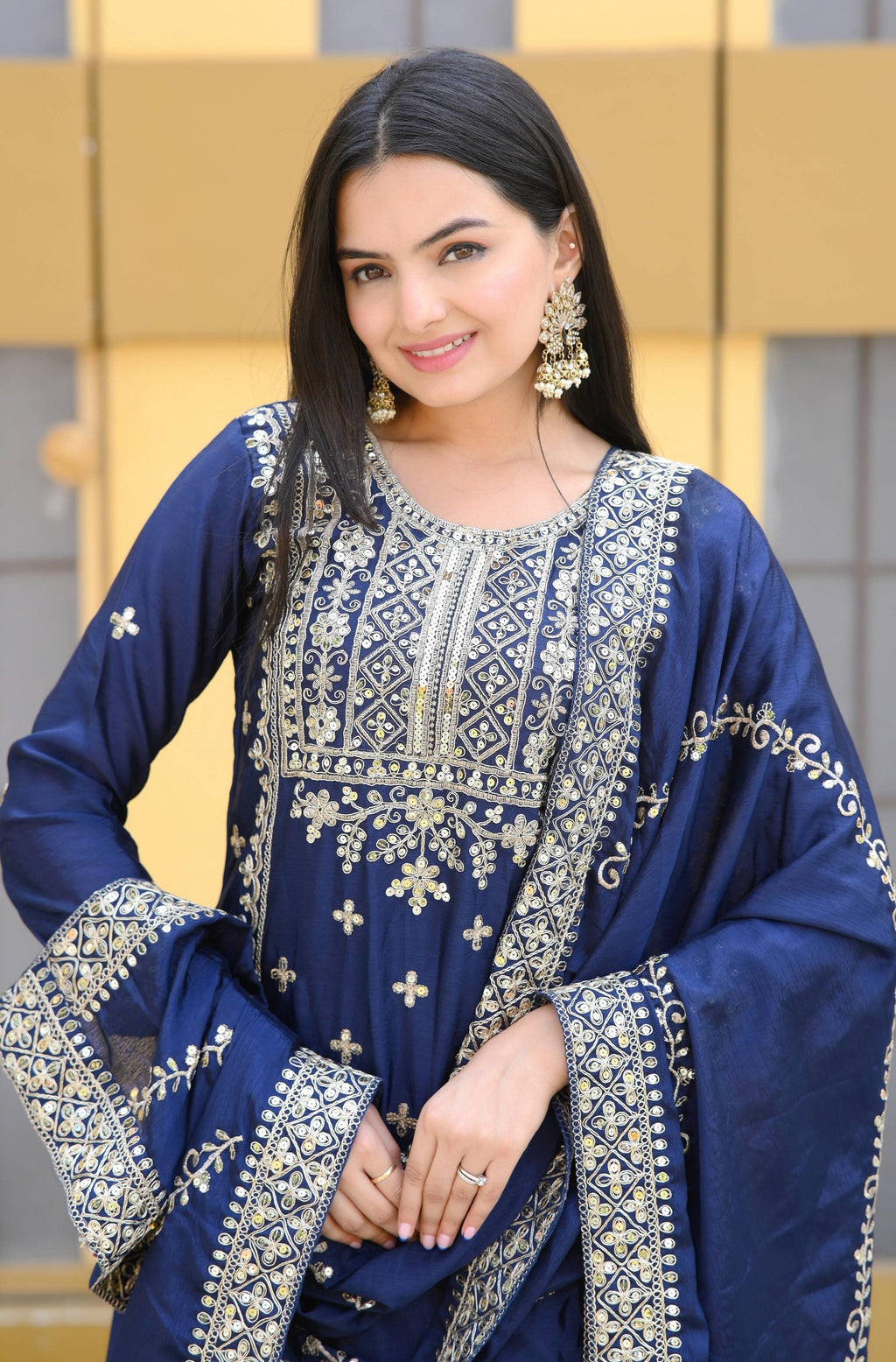 Teeya Creation Blue Color Chinon Silk Heavy Embroidery Work Fully Stitched Salwar Suit | Grocsy