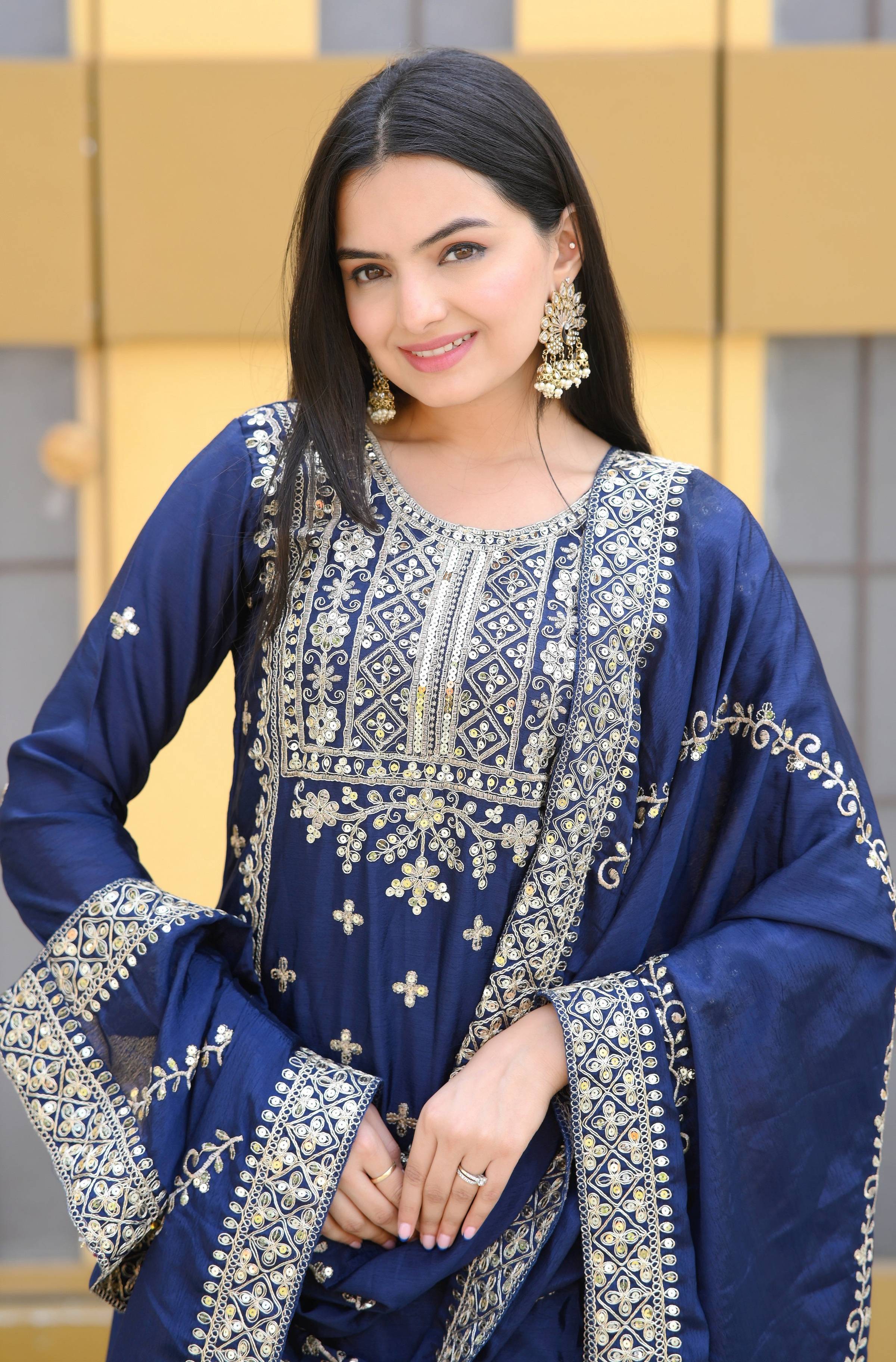 Teeya Creation Blue Color Chinon Silk Heavy Embroidery Work Fully Stitched Salwar Suit | Grocsy
