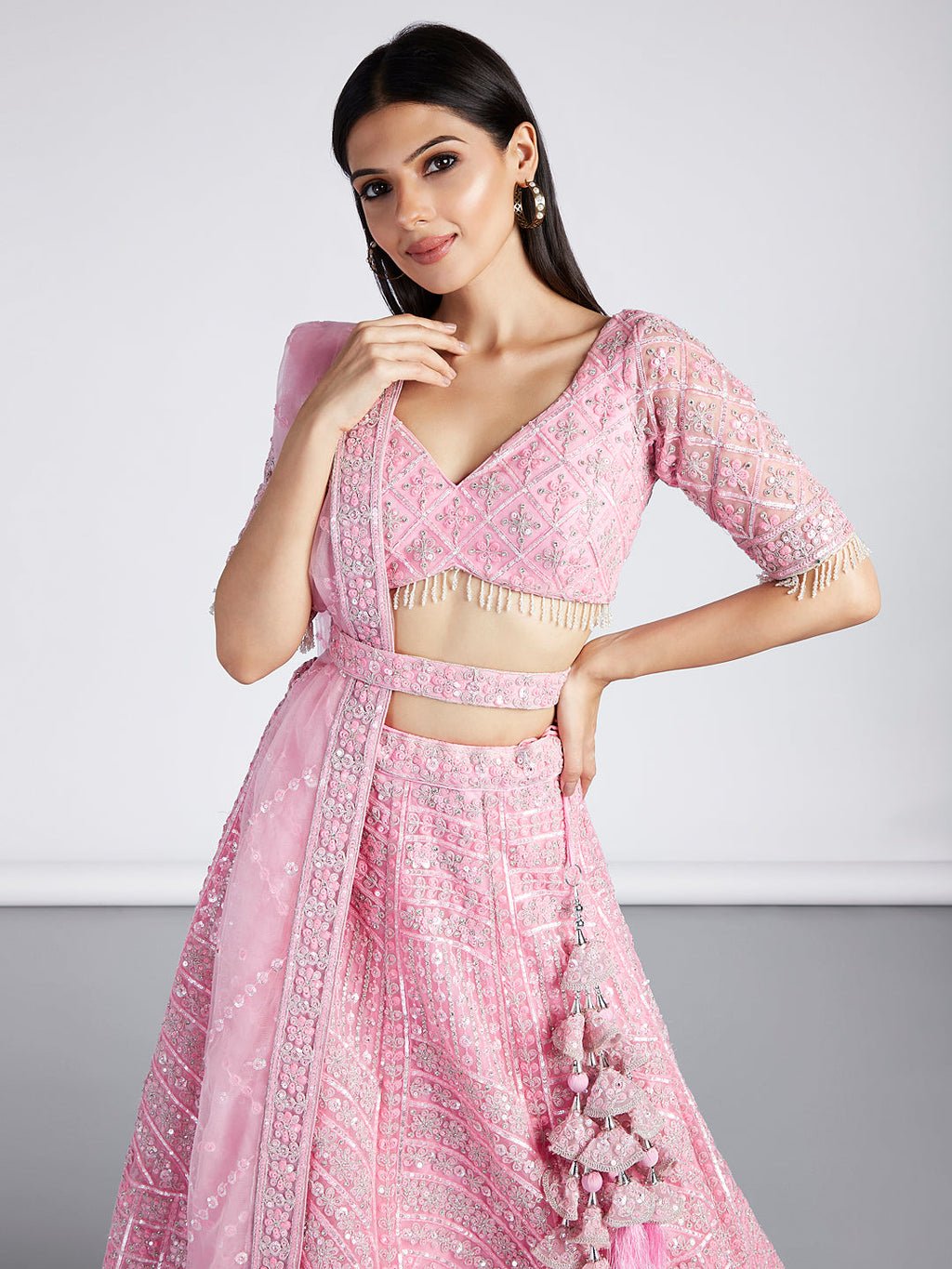 House of Panchhi Pink Net Sequins, Zarkan And Thread Embroidery Lehenga Choli & Dupatta | Grocsy