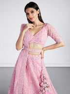House of Panchhi Pink Net Sequins, Zarkan And Thread Embroidery Lehenga Choli & Dupatta | Grocsy
