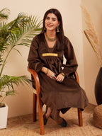 InWeave Women's Brown V Neck Asymmetrical Pleated Velvet Kurta Set | Grocsy