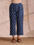 trueBrowns Indigo Dabu Zig-Zag Lines Print Cotton Sleeveless Kurta Pant Set | Grocsy