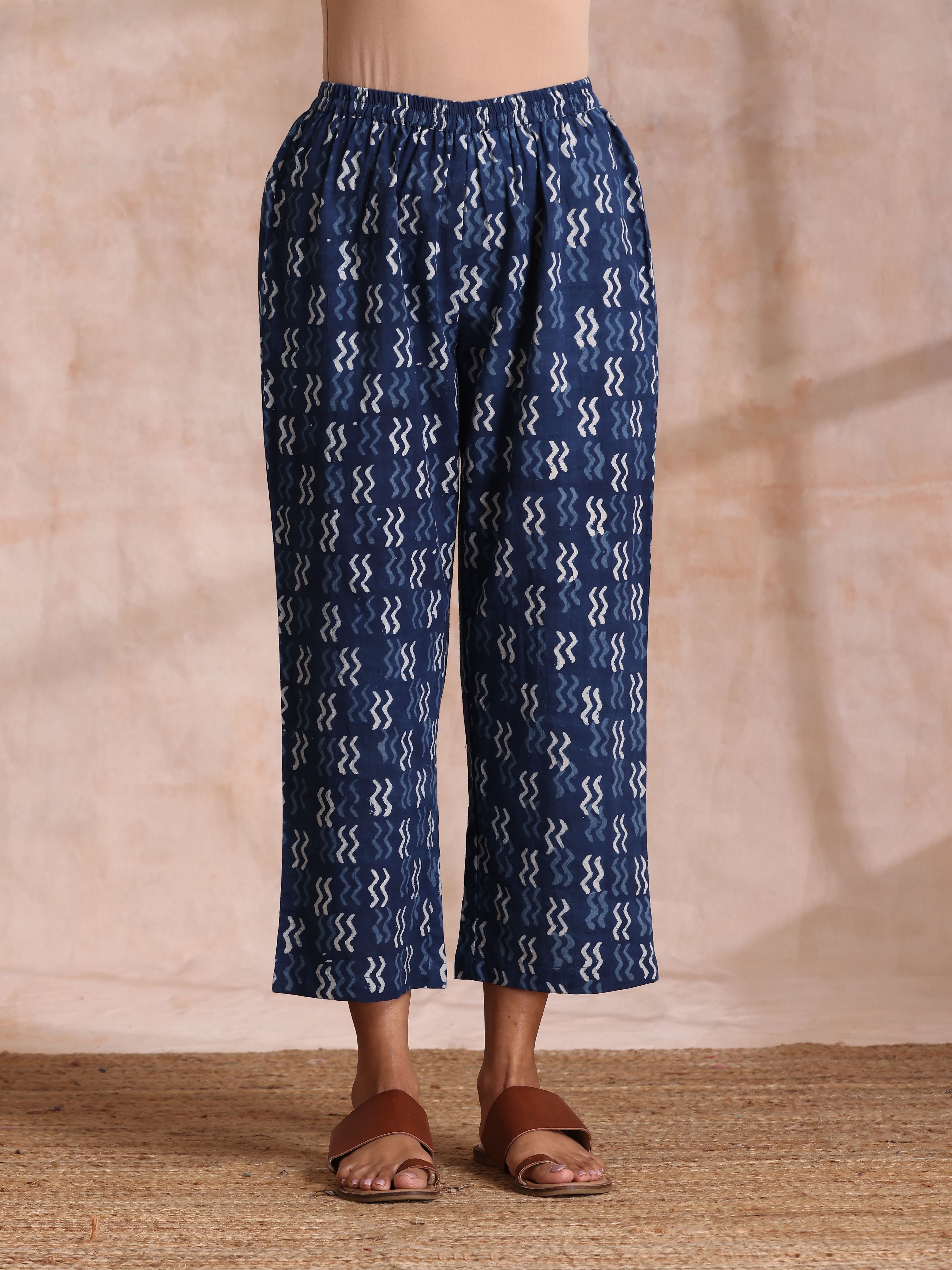 trueBrowns Indigo Dabu Zig-Zag Lines Print Cotton Sleeveless Kurta Pant Set | Grocsy