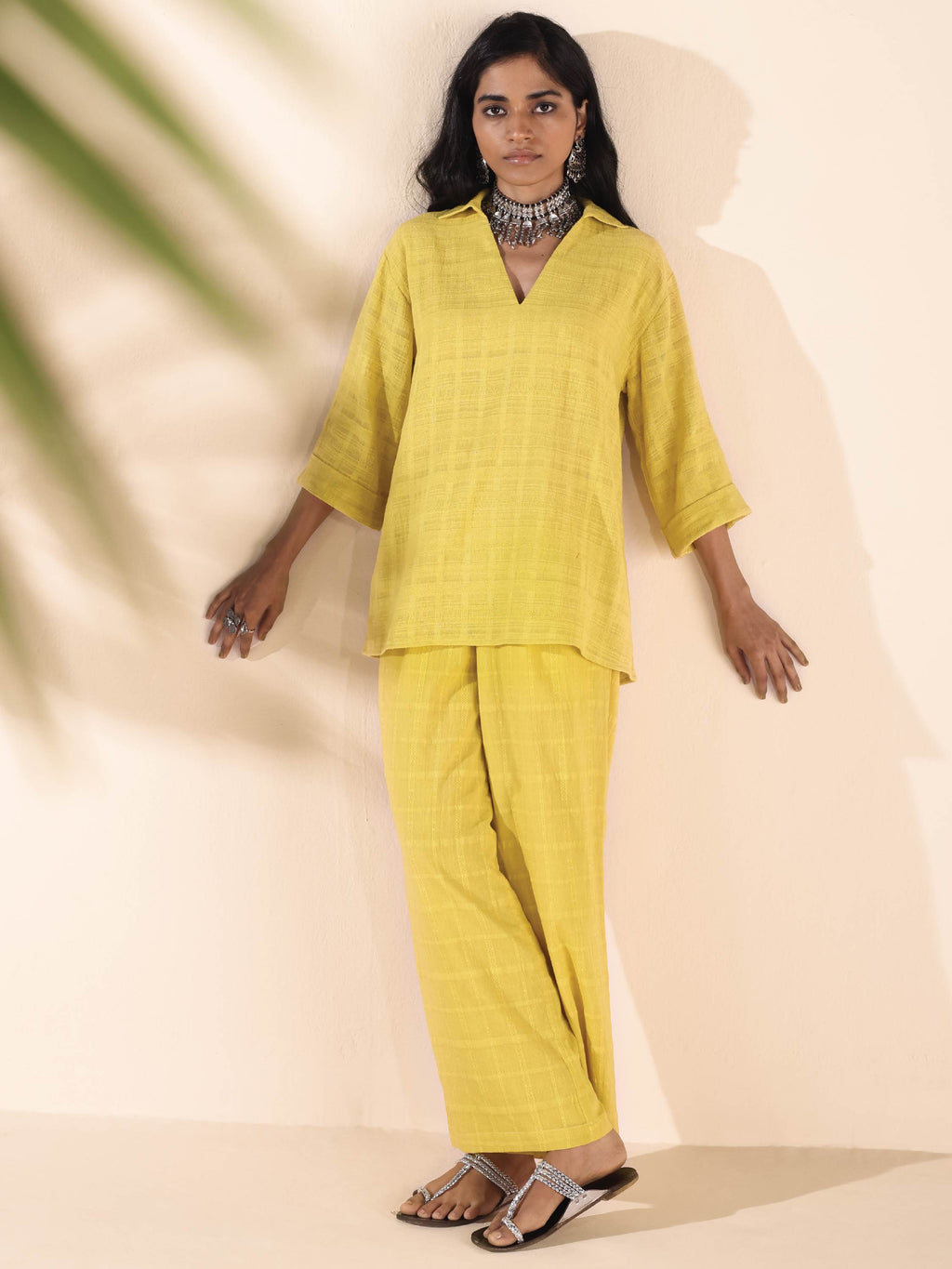 trueBrowns Lime Cotton Dobby V-Neck Co-ord Set | Grocsy