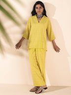 trueBrowns Lime Cotton Dobby V-Neck Co-ord Set | Grocsy