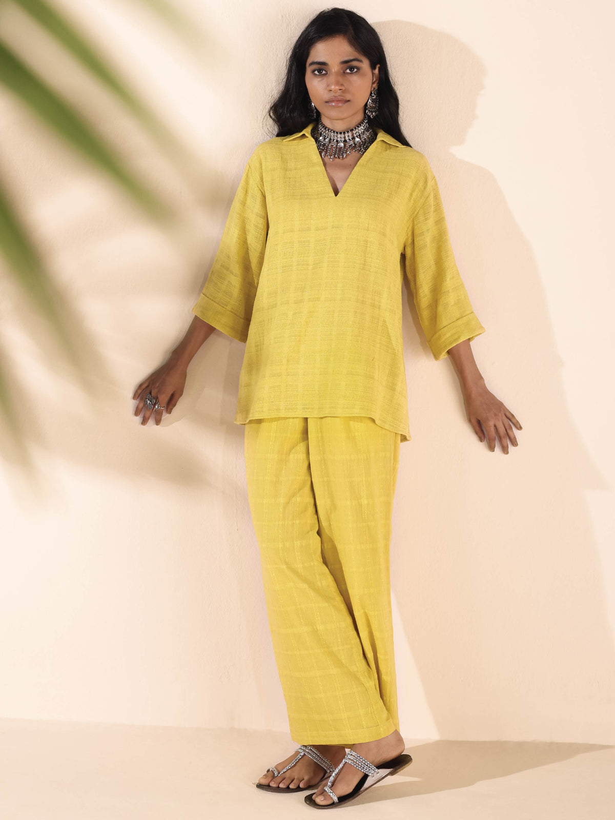 trueBrowns Lime Cotton Dobby V-Neck Co-ord Set | Grocsy
