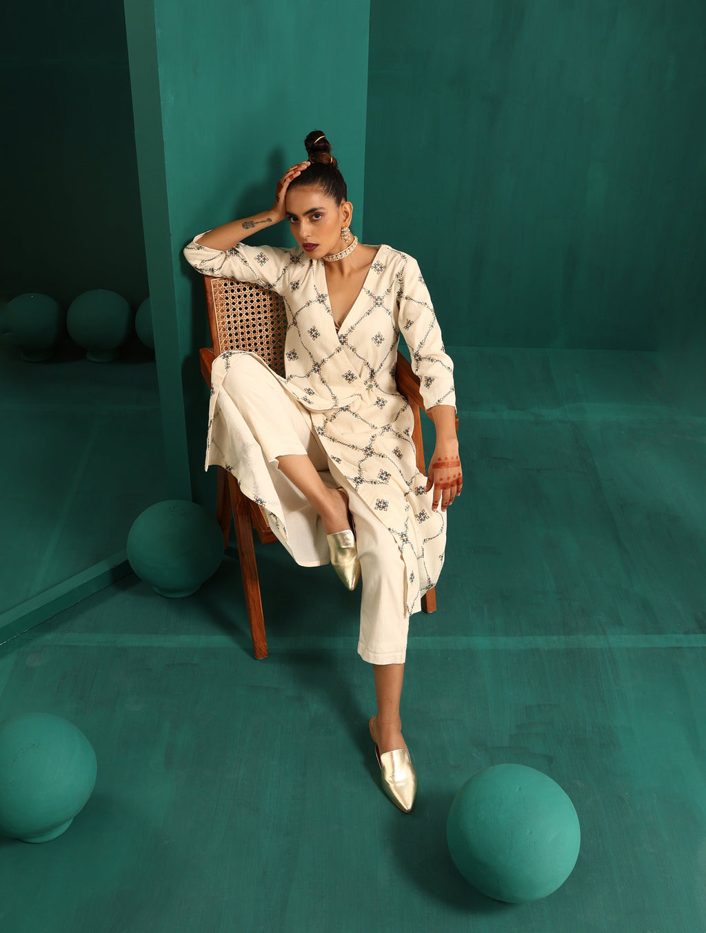 trueBrowns Ivory Rhombus Cotton Angrakha Kurta Pant Set | Grocsy