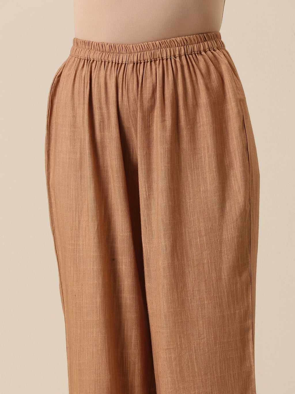trueBrowns Beige Slub Texture Sleeveless Flared Kurta Pant Set | Grocsy