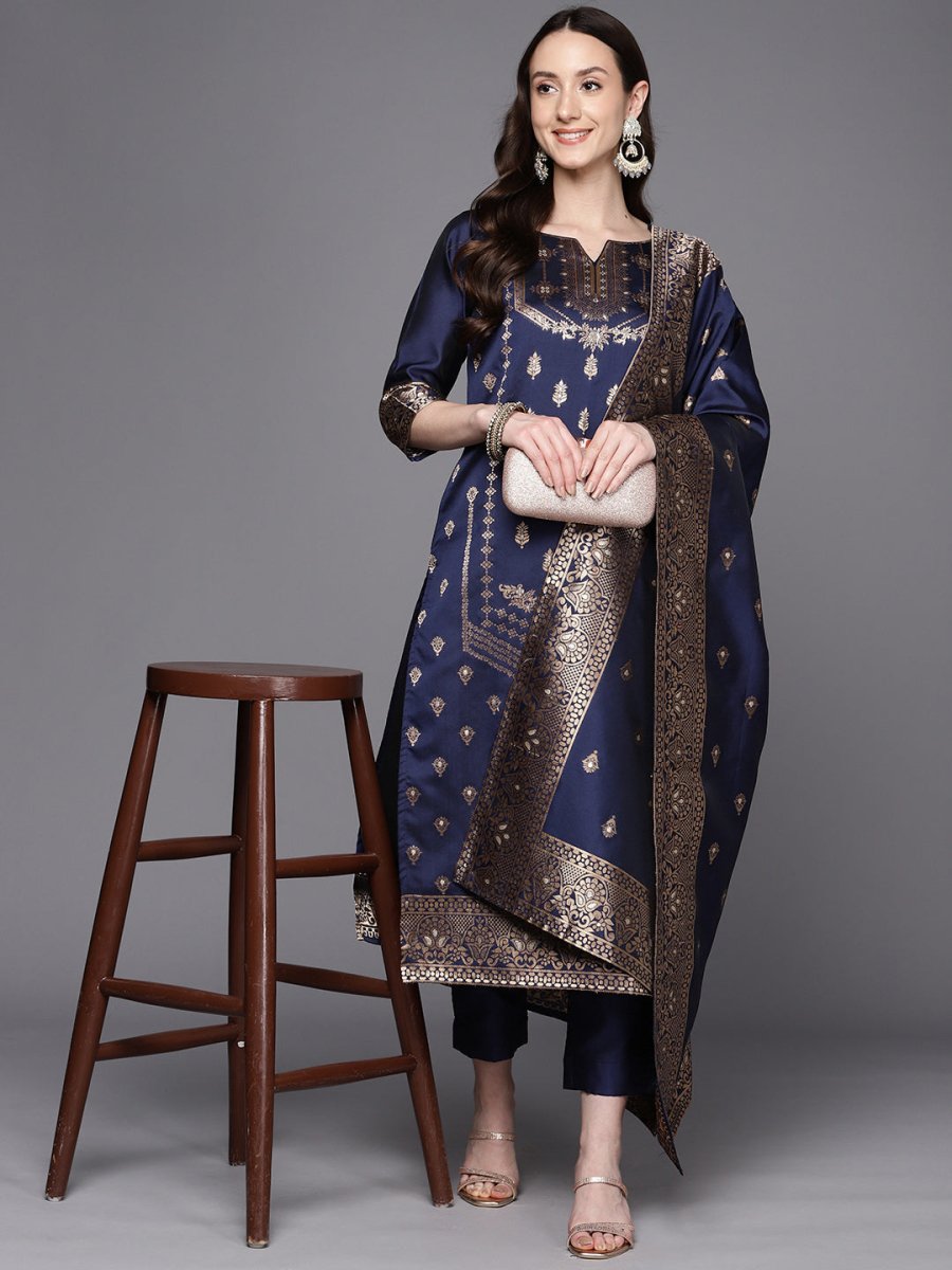 Ahalyaa Unstitched Navy Blue Dress Material | Grocsy