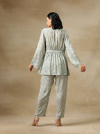 trueBrowns Light Green Bandhani Printed Silk V-Neck Co-Ord Set | Grocsy