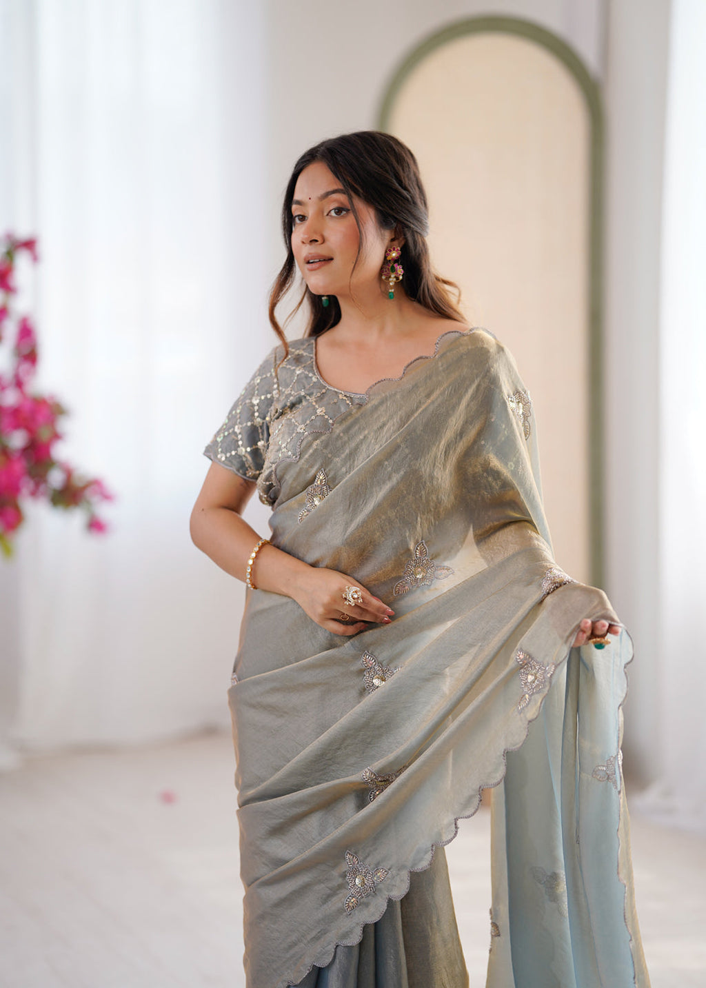 Evanik Designer Heavy Fendy Satin With Beads Embroidered Work Saree With Unstitched Blouse | Grocsy