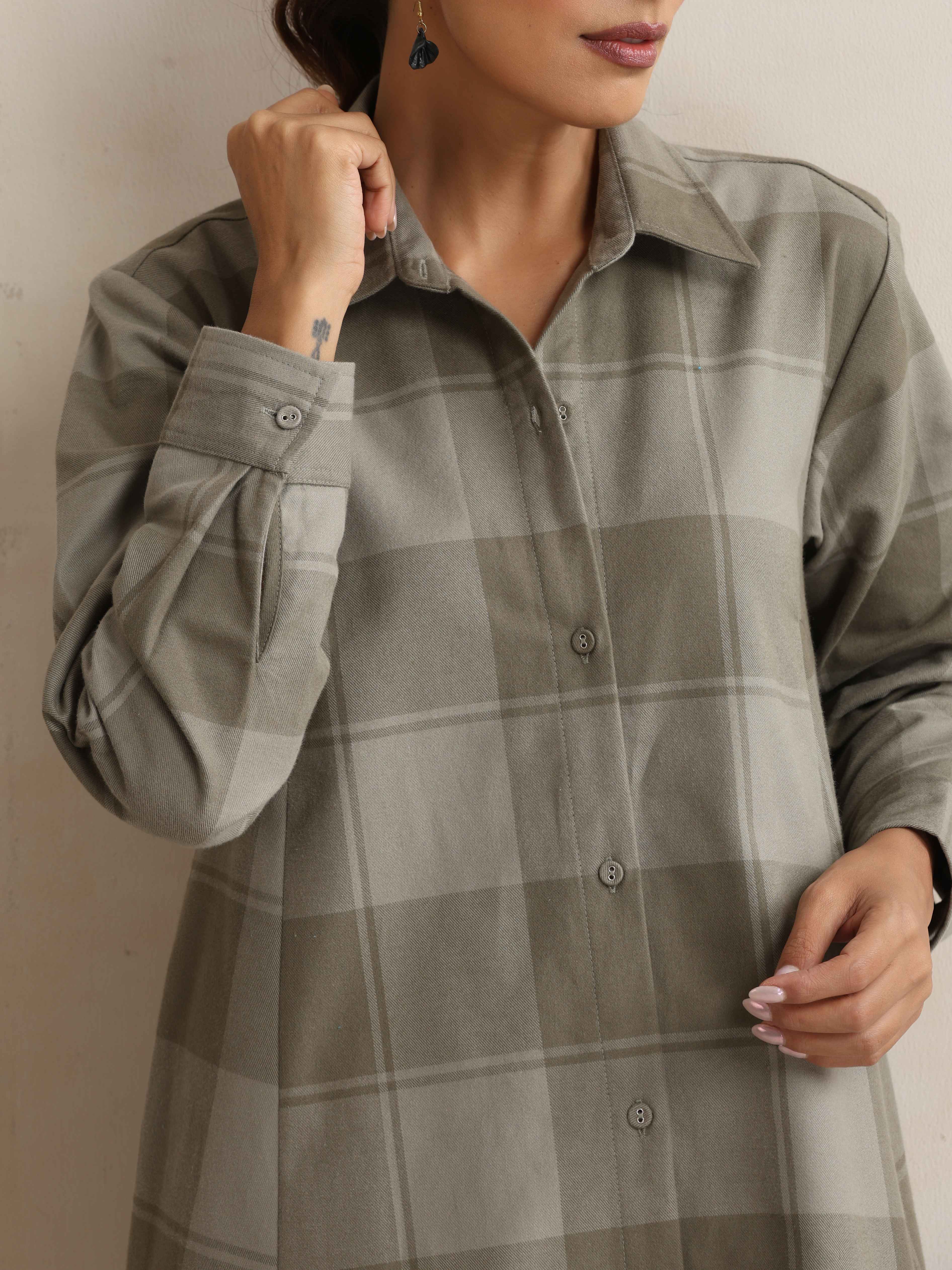 trueBrowns Green Check Flared Winter Dress | Grocsy